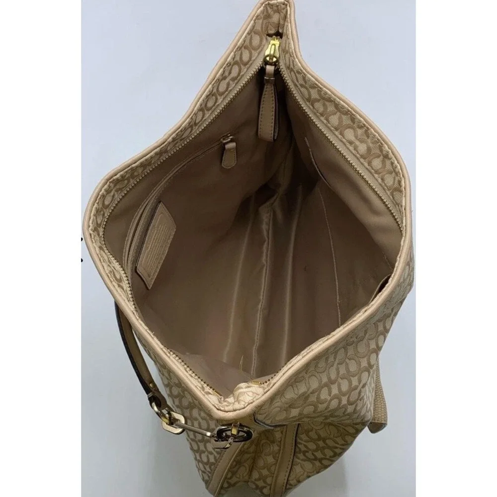 Coach Madison Signature OP Art 2 Way Beige Canvas Turnlock Zipper Shoulder Bag
